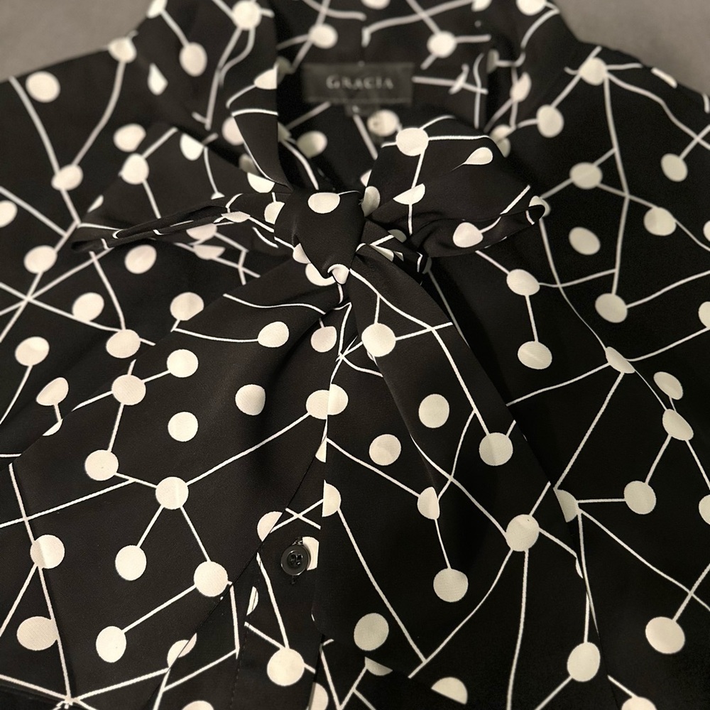 Gracia Black and White Polka Dot Tie-Neck Midi Dress